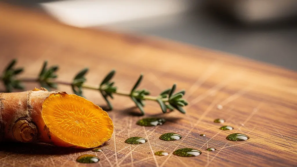 Gros plan macro sur une planche a decouper en bois avec des traces de preparation de legumes frais, illustrant la precision necessaire en hygiene alimentaire vegane
