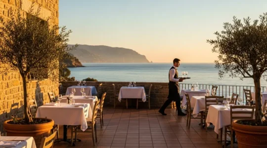 Terrasse de restaurant en bord de mer avec chaises empilées et lumière dorée d'automne, évoquant l'emploi saisonnier hors haute saison