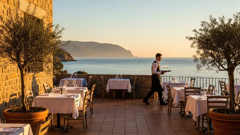 Terrasse de restaurant en bord de mer avec chaises empilées et lumière dorée d'automne, évoquant l'emploi saisonnier hors haute saison