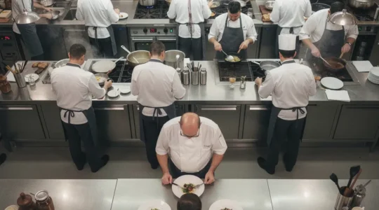 Vue plongeante d'une cuisine professionnelle montrant la structure hiérarchique de la brigade en plein service