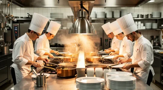 Cuisine de restaurant étoilé avec brigade en plein service, lumière dorée sur les ustensiles et plats en préparation