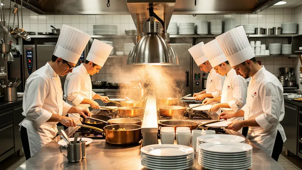 Cuisine de restaurant étoilé avec brigade en plein service, lumière dorée sur les ustensiles et plats en préparation