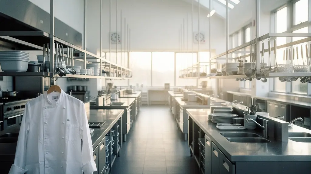 Vue large et minimaliste d'une cuisine professionnelle étoilée vide à l'aube, rangée de postes de travail impeccables éclairés par une lumière naturelle douce