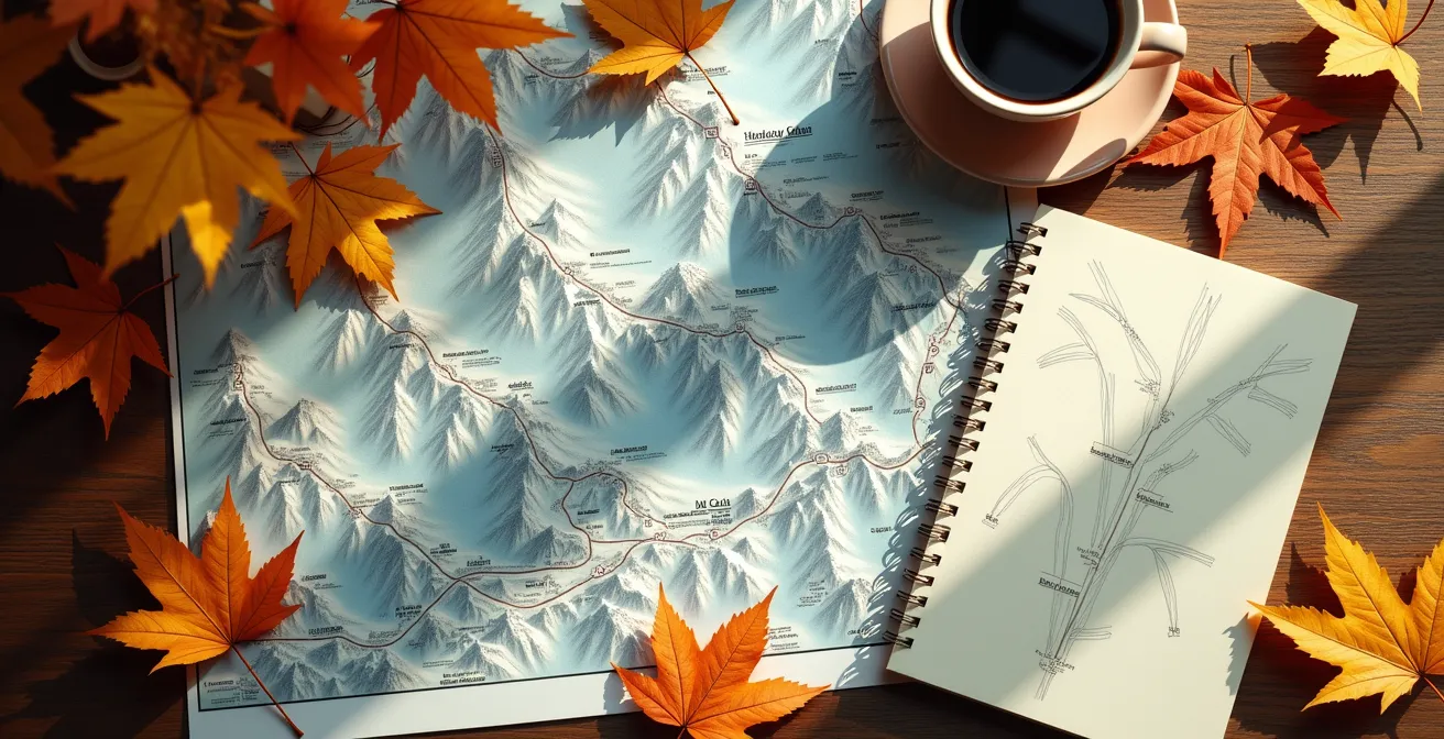 Bureau avec calendrier et cartes de stations de ski étalées, symbolisant la planification précoce de la recherche d'emploi saisonnier