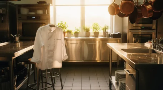 Vue large d'une cuisine professionnelle vide au petit matin avec des ustensiles en cuivre suspendus, symbolisant le passage de l'apprentissage à l'entrepreneuriat en restauration.