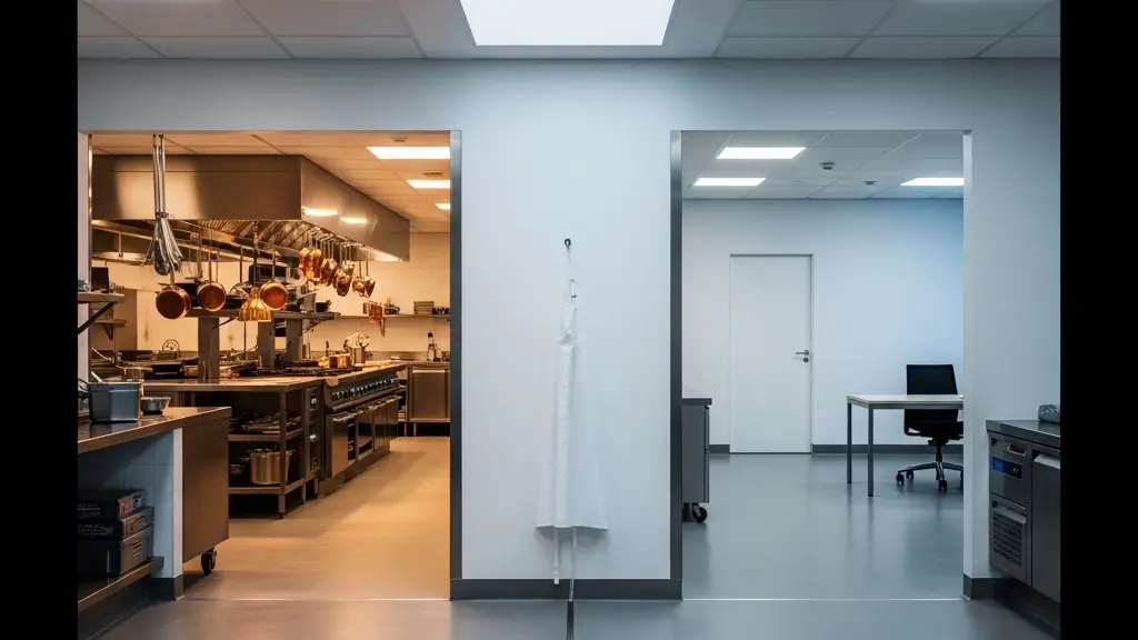 Croisement de chemins dans un couloir de restaurant professionnel, symbolisant le choix de statut lors d'une reconversion en cuisine