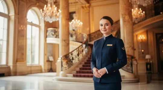Jeune professionnel de l'hôtellerie en tenue élégante dans le hall d'un palace français avec architecture classique