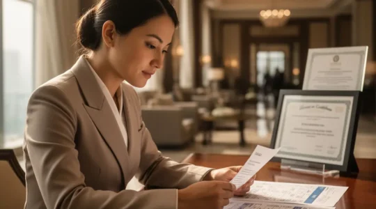 Professionnel en hôtellerie consultant une grille de salaire avec son diplôme posé sur le bureau