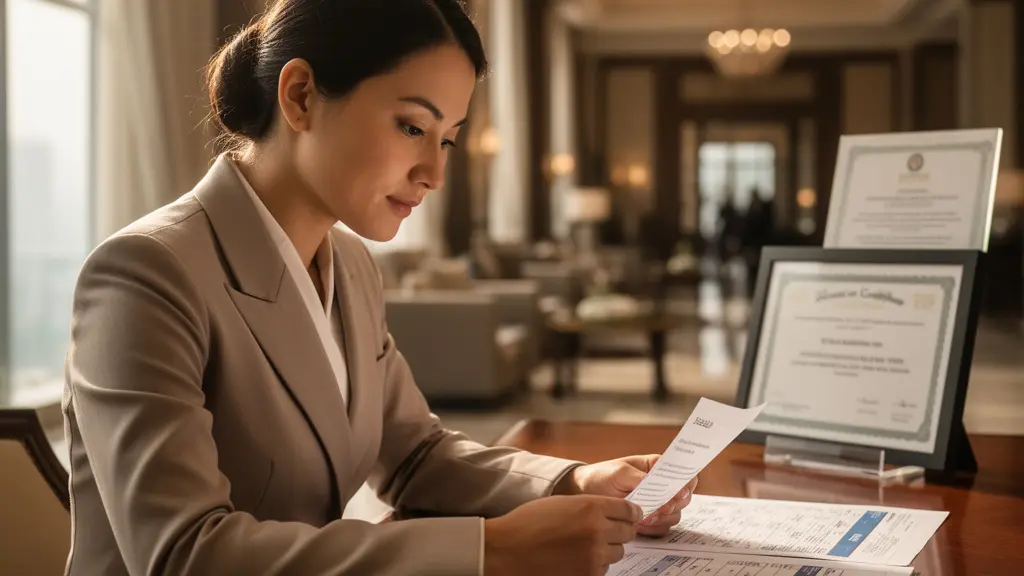 Professionnel en hôtellerie consultant une grille de salaire avec son diplôme posé sur le bureau