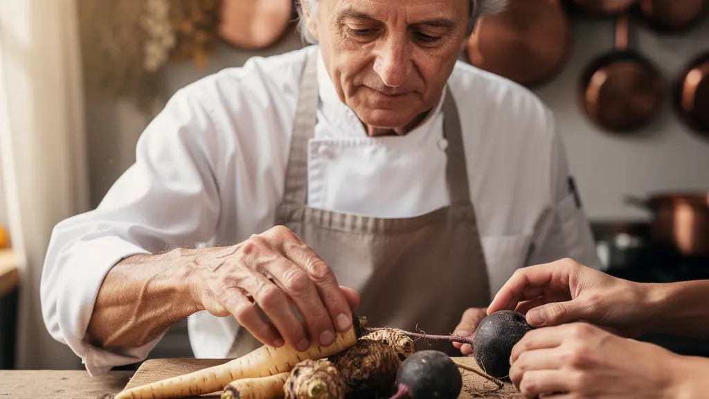 Chef cuisinier experimente aux mains marquees par le temps preparant avec soin des legumes racines dans une cuisine professionnelle, evoquant le mentorat et le savoir-faire ancestral