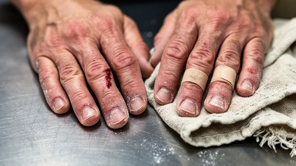 Gros plan sur des mains abîmées par le travail en cuisine, posées sur un plan de travail en inox, illustrant le choc physique de la reconversion en restauration.