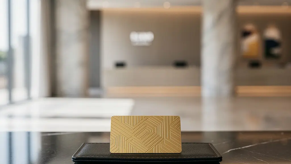 Clé magnétique d'hôtel posée sur un plateau en cuir dans un hall d'hôtel élégant baigné de lumière naturelle