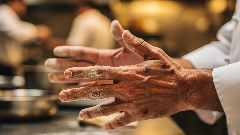 Gros plan sur les mains d'un chef utilisant des signaux gestuels codifiés en cuisine