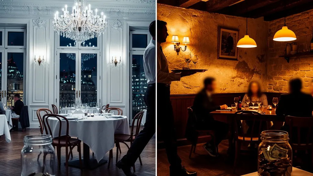 Vue partagée montrant un restaurant parisien élégant et un bistrot provincial chaleureux