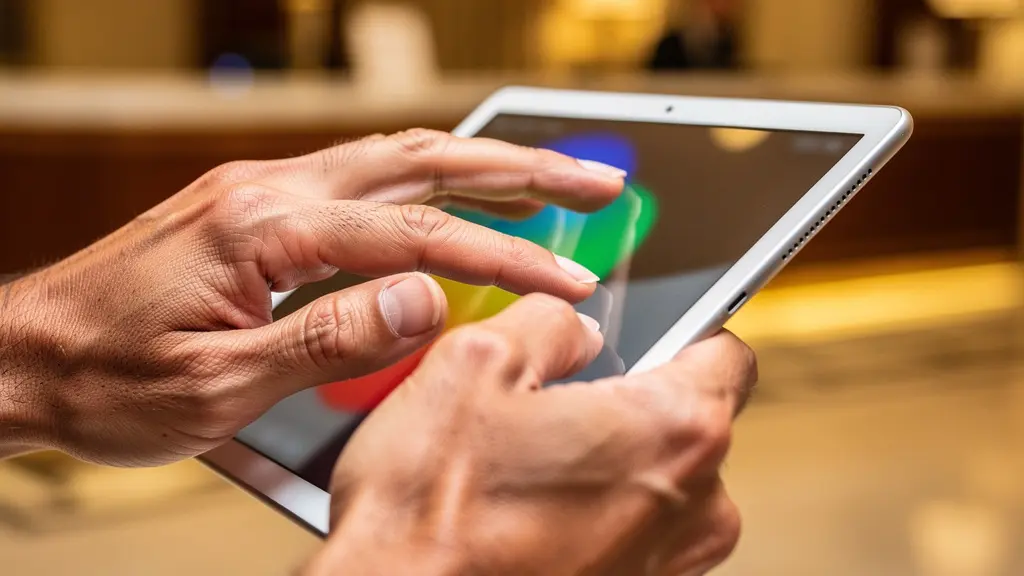 Gros plan sur des mains manipulant une tablette affichant des graphiques colorés, environnement hôtelier en arrière-plan flou