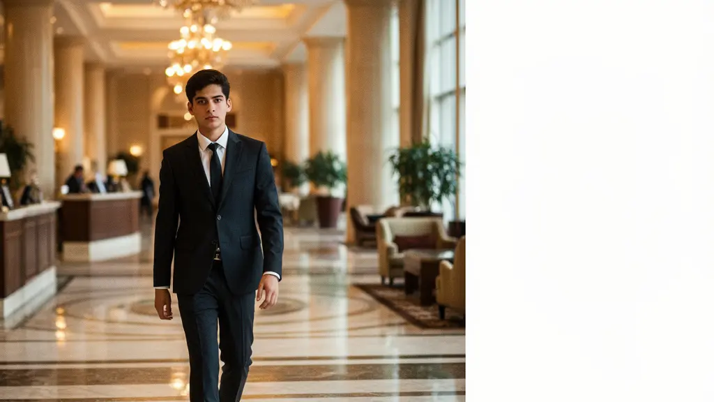 Jeune directeur d'hébergement en costume sombre traversant le hall lumineux d'un hôtel quatre étoiles avec assurance