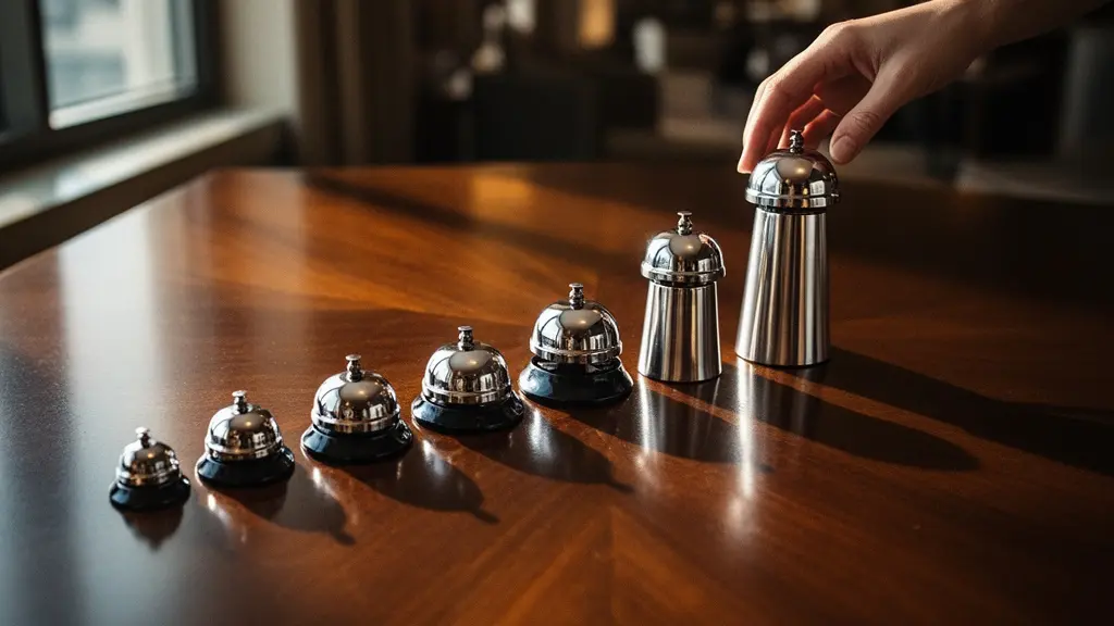 Petite équipe hôtelière souriante réunie autour d'une table haute dans un espace lumineux pour un briefing informel