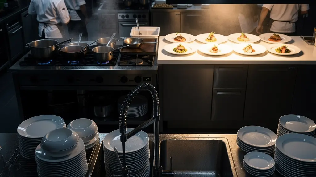 Vue plongeante d'une cuisine professionnelle montrant les différents postes de la plonge au passe