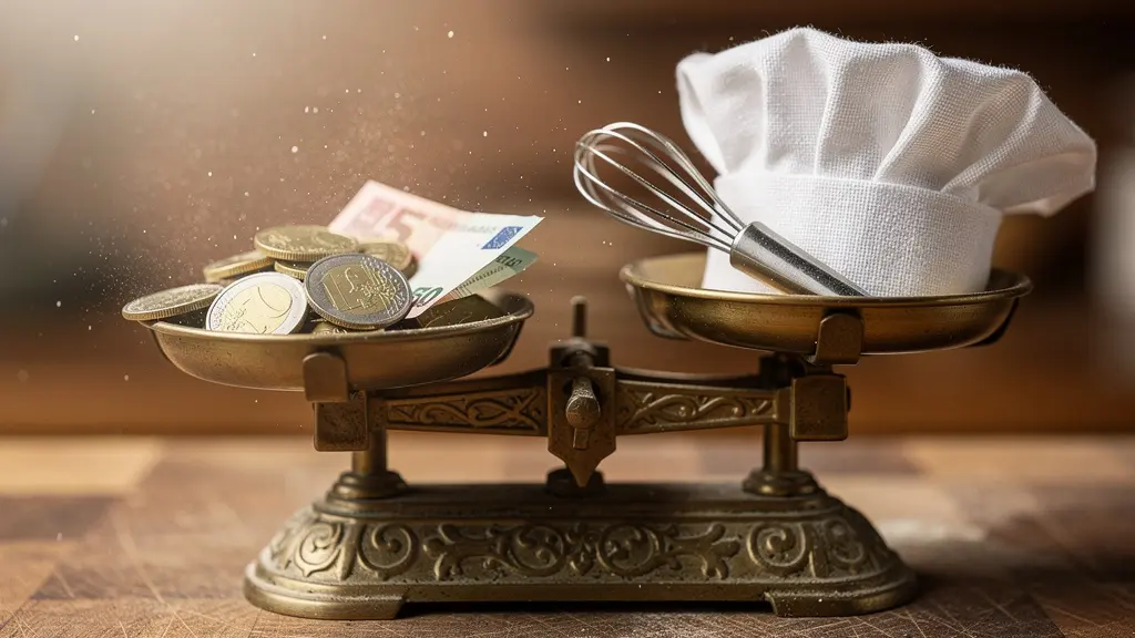 Balance artisanale en cuivre avec des pieces de monnaie d'un cote et des ustensiles de cuisine de l'autre, metaphore de l'equilibre financier en reconversion