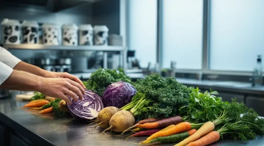 Plan large d'un poste de travail en cuisine professionnelle avec des legumes colores prets a etre prepares dans un style vegane