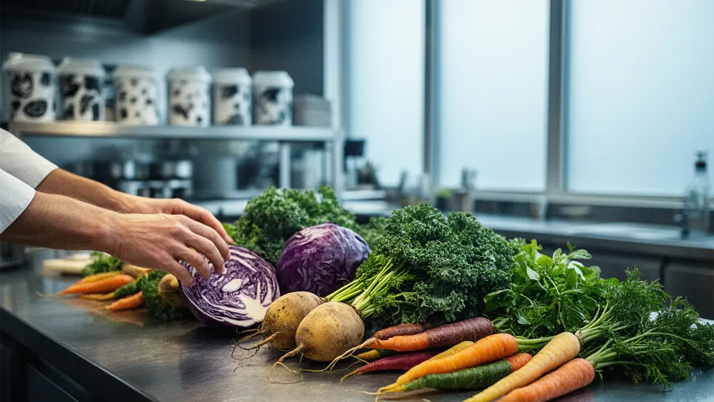 Plan large d'un poste de travail en cuisine professionnelle avec des legumes colores prets a etre prepares dans un style vegane