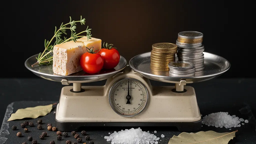 Nature morte d'ingrédients de cuisine disposés sur une balance de précision, symbolisant la gestion rigoureuse des coûts matières en restauration.