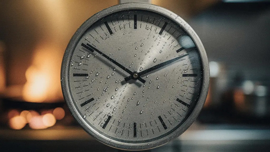 Gros plan macro sur les aiguilles usées d'une horloge murale de cuisine professionnelle, avec la vapeur de cuisson en arrière-plan flou
