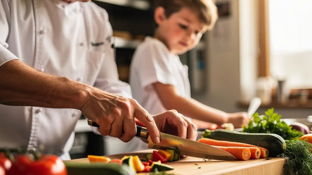 Jeune apprenti en tenue de cuisine apprenant les gestes techniques auprès d'un chef expérimenter