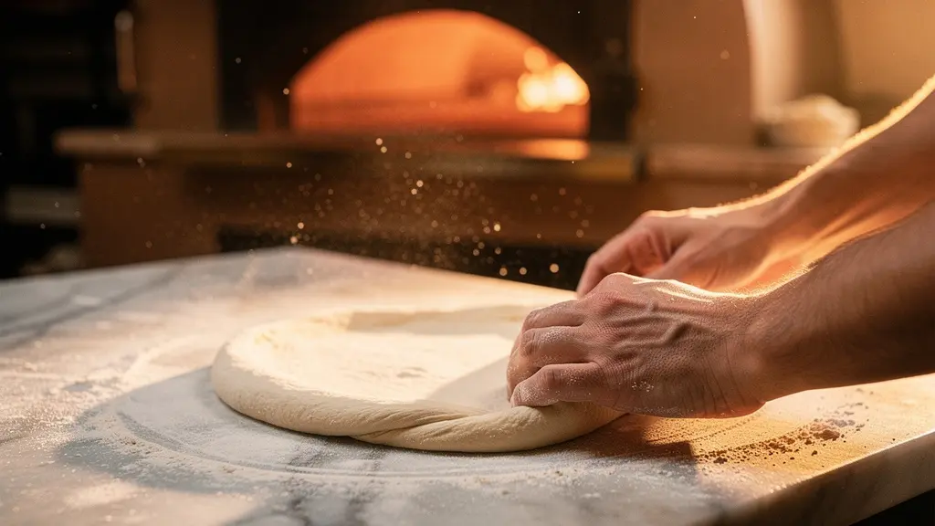 Mains expertes d'un pizzaïolo étirant une pâte à pizza sur un plan de travail fariné, symbolisant la maîtrise technique acquise par la certification