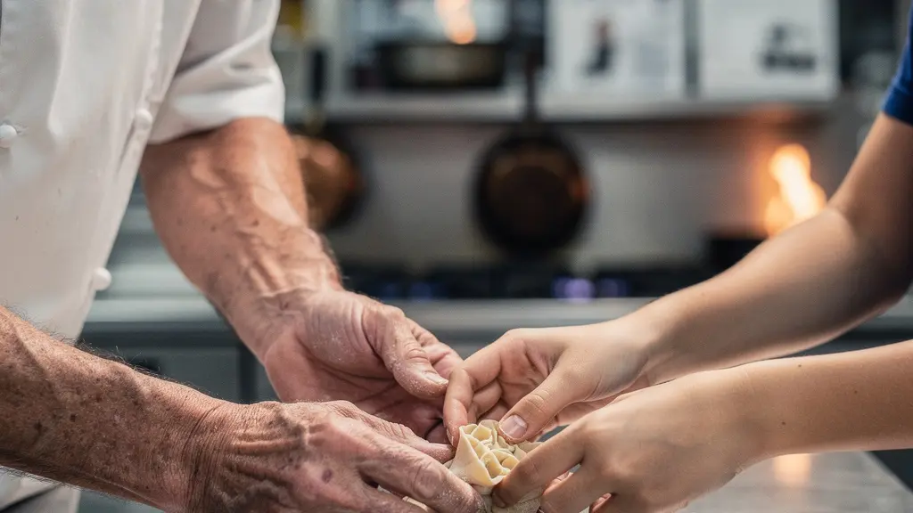 Mains d'un chef expérimenté guidant celles d'un jeune apprenti sur un plan de travail en cuisine professionnelle, symbolisant la transmission du savoir-faire