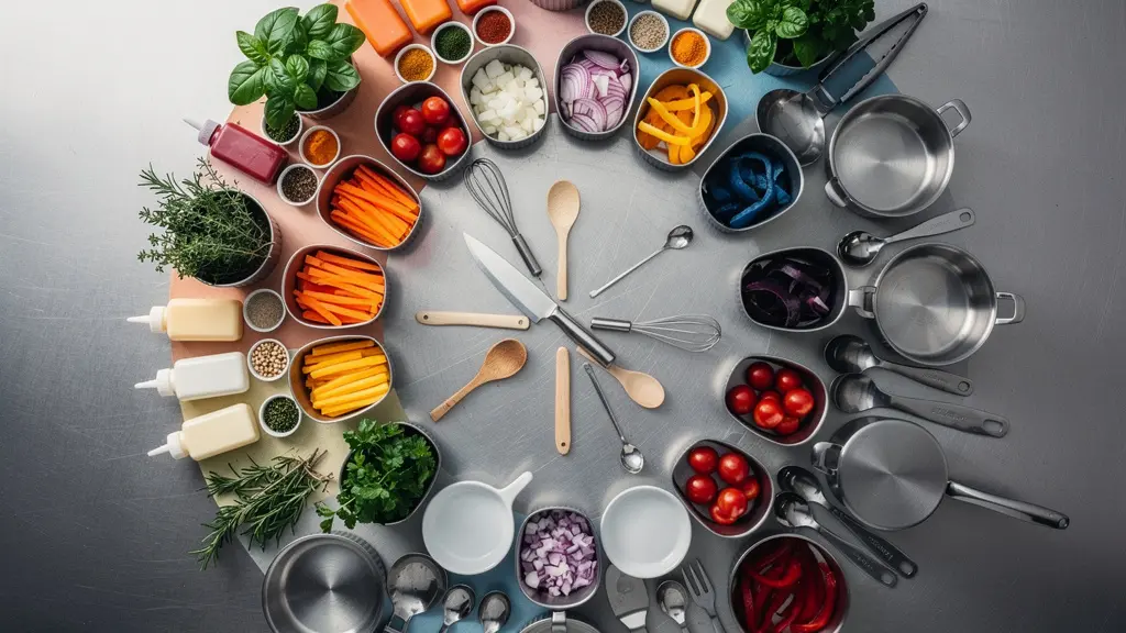 Vue zénithale d'un poste de travail parfaitement organisé avec tous les ingrédients disposés selon leur fréquence d'utilisation