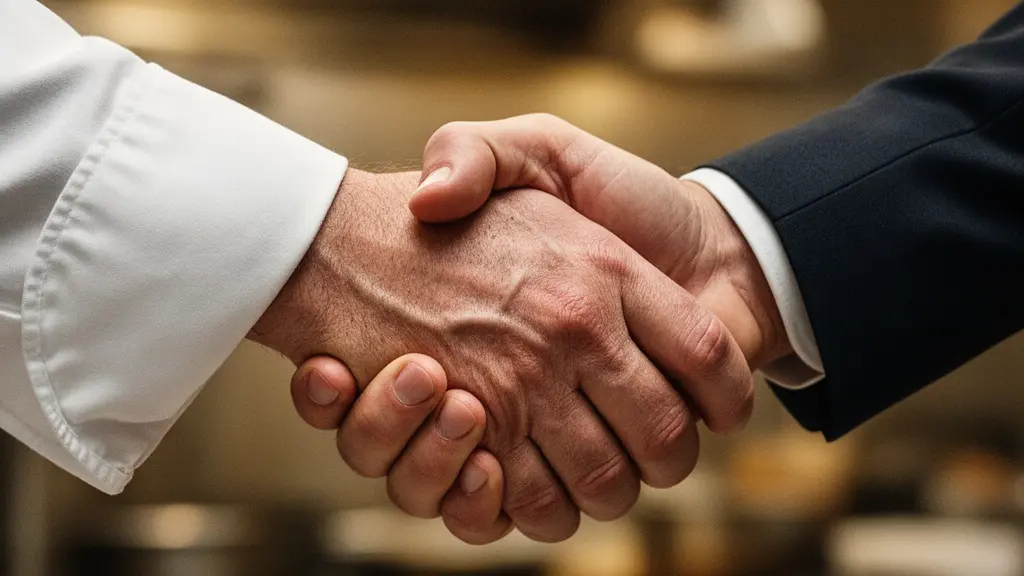 Gros plan sur deux mains se serrant dans un cadre professionnel de restauration, symbolisant un accord de financement de formation