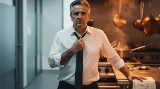 Homme en tenue de bureau retirant sa cravate dans une cuisine professionnelle de restaurant, éclairage dramatique entre ombre et lumière