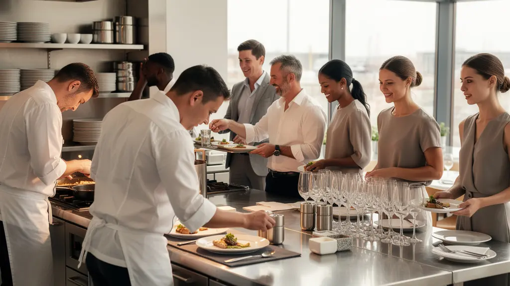 Équipe de restauration en pleine préparation avant service dans une cuisine professionnelle lumineuse
