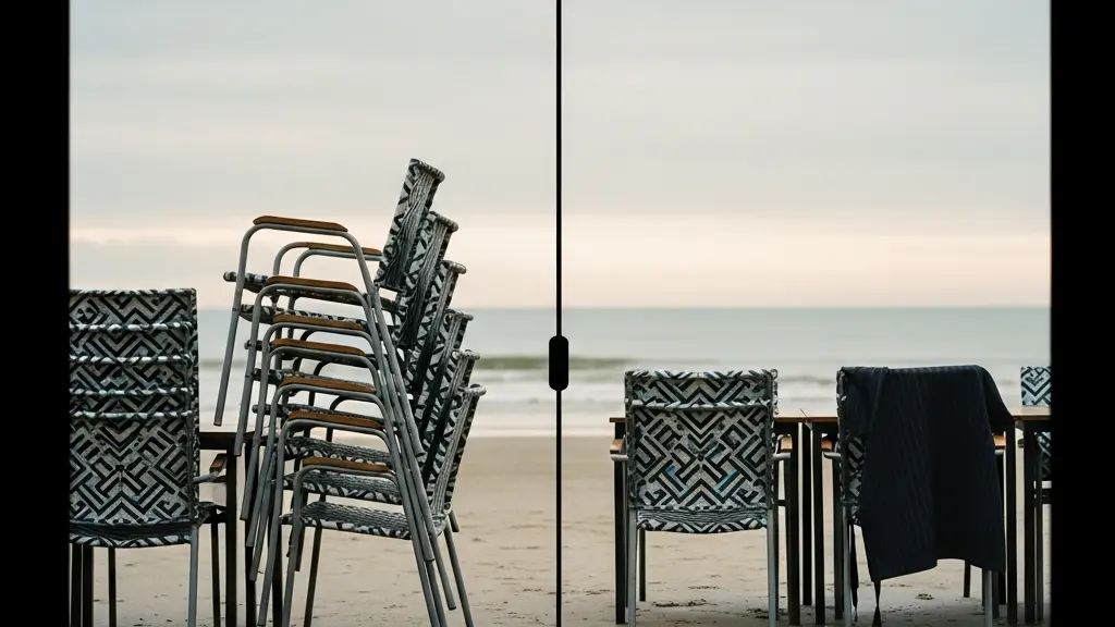 Chaises de terrasse empilées sur une plage déserte au petit matin, symbolisant la préparation de la saison balnéaire avant l'afflux estival