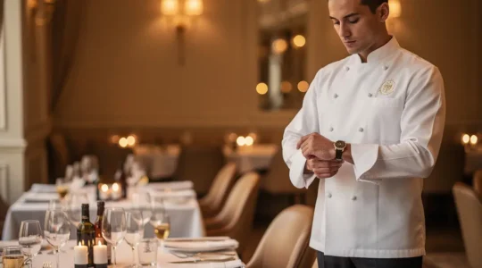 Professionnel de la restauration en tenue de service ajustant un nœud papillon avec assurance dans un restaurant haut de gamme