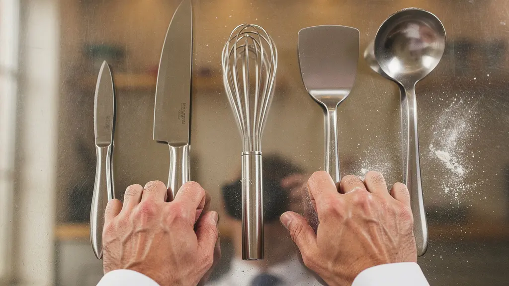 Main posant methodiquement des ustensiles de cuisine sur un plan de travail en acier, evoquant les etapes ordonnees d'une reconversion professionnelle