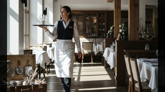 Serveur professionnel en action dans un restaurant élégant avec carte de France en arrière-plan suggérant la mobilité