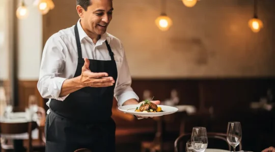 Serveur professionnel présentant un plateau de mets raffinés dans un restaurant gastronomique français