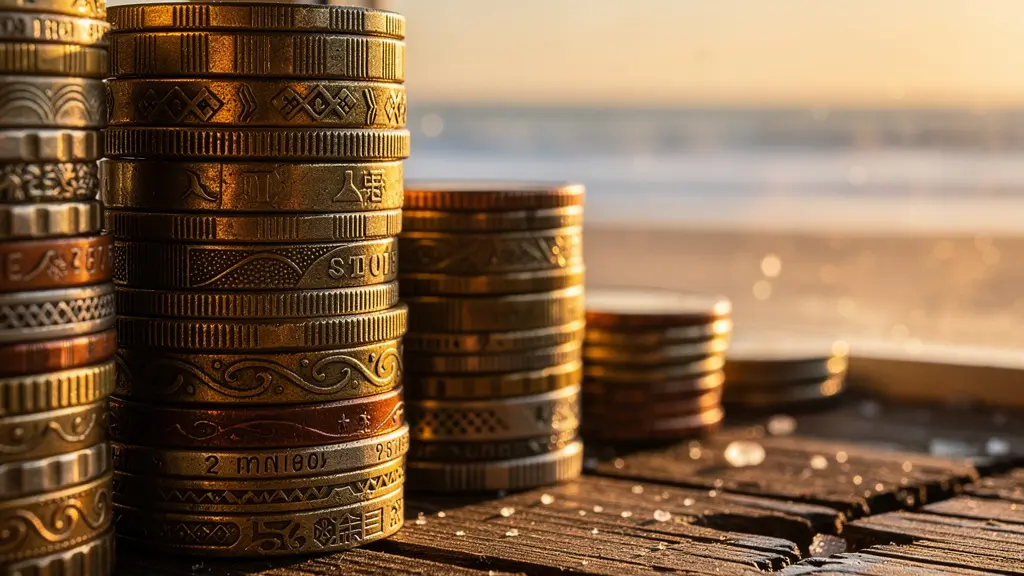 Vue d'une station balnéaire avec logements de fonction et calculatrice suggérant les économies