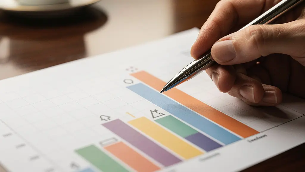 Vue rapprochée de mains sur un bureau d'hôtel avec des graphiques de performance imprimés et une tasse de café