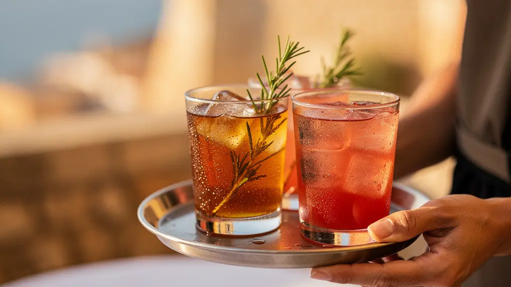 Gros plan sur des mains de serveur portant un plateau avec des cocktails colorés, arrière-plan flou d'une terrasse méditerranéenne en lumière d'après-midi