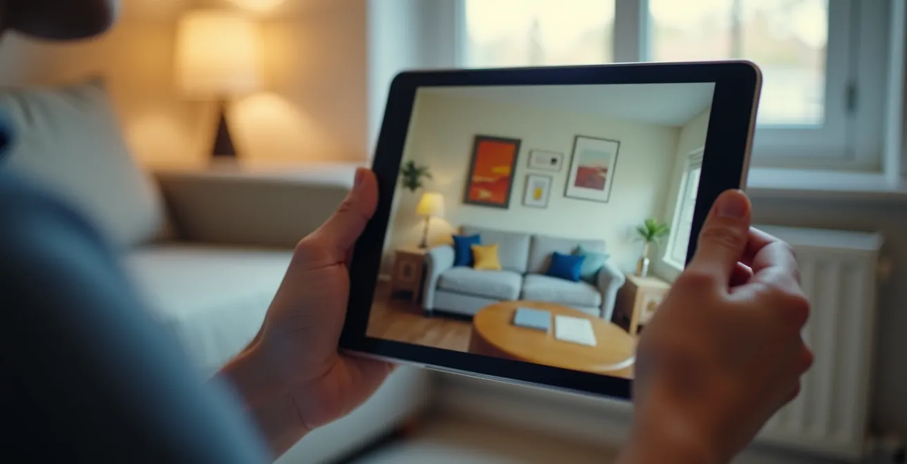 Mains tenant une tablette montrant un appel vidéo pour une visite virtuelle d'un logement de saisonnier