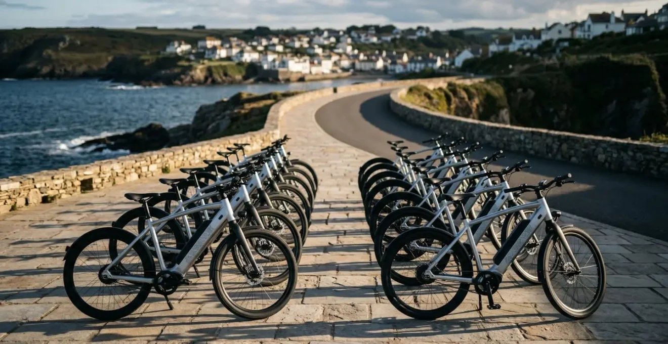 Station de vélos électriques dans une station balnéaire avec vue sur la côte en arrière-plan