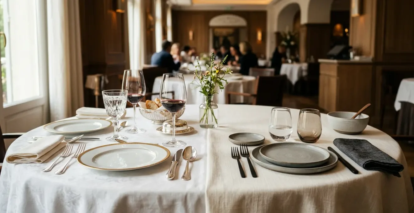 Deux styles de service en restauration se rencontrent dans une composition symbolique illustrant la tension culturelle entre tradition française et adaptation internationale