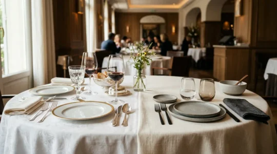 Deux styles de service en restauration se rencontrent dans une composition symbolique illustrant la tension culturelle entre tradition française et adaptation internationale