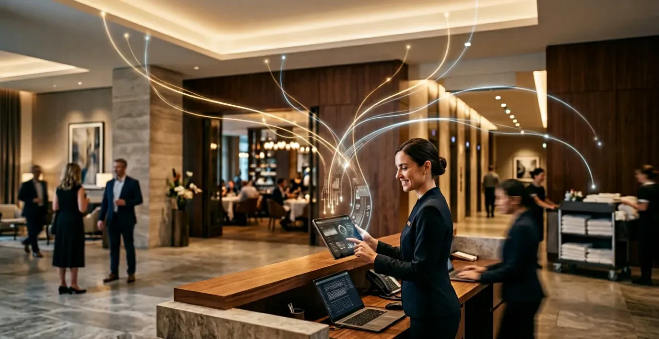 Représentation conceptuelle du système de gestion hôtelière comme centre nerveux de l'établissement