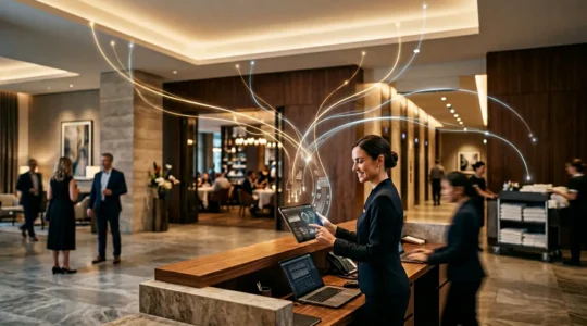 Représentation conceptuelle du système de gestion hôtelière comme centre nerveux de l'établissement