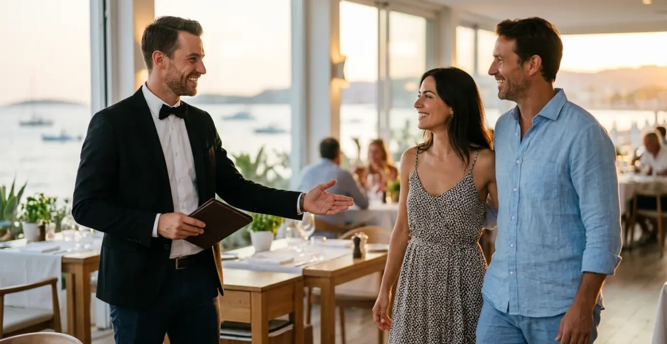 Chef de rang professionnel accueillant des clients dans un restaurant saisonnier en bord de mer