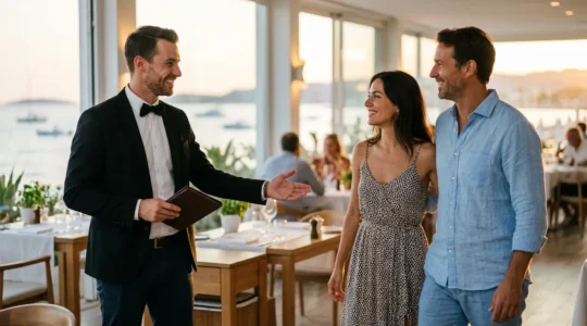 Chef de rang professionnel accueillant des clients dans un restaurant saisonnier en bord de mer